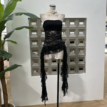 Xajzpa Fashion Two Piece Set Irregular Lace Top + High Waisted Fluffy Skirt Solid Color Female Elegant Birthday Dress New